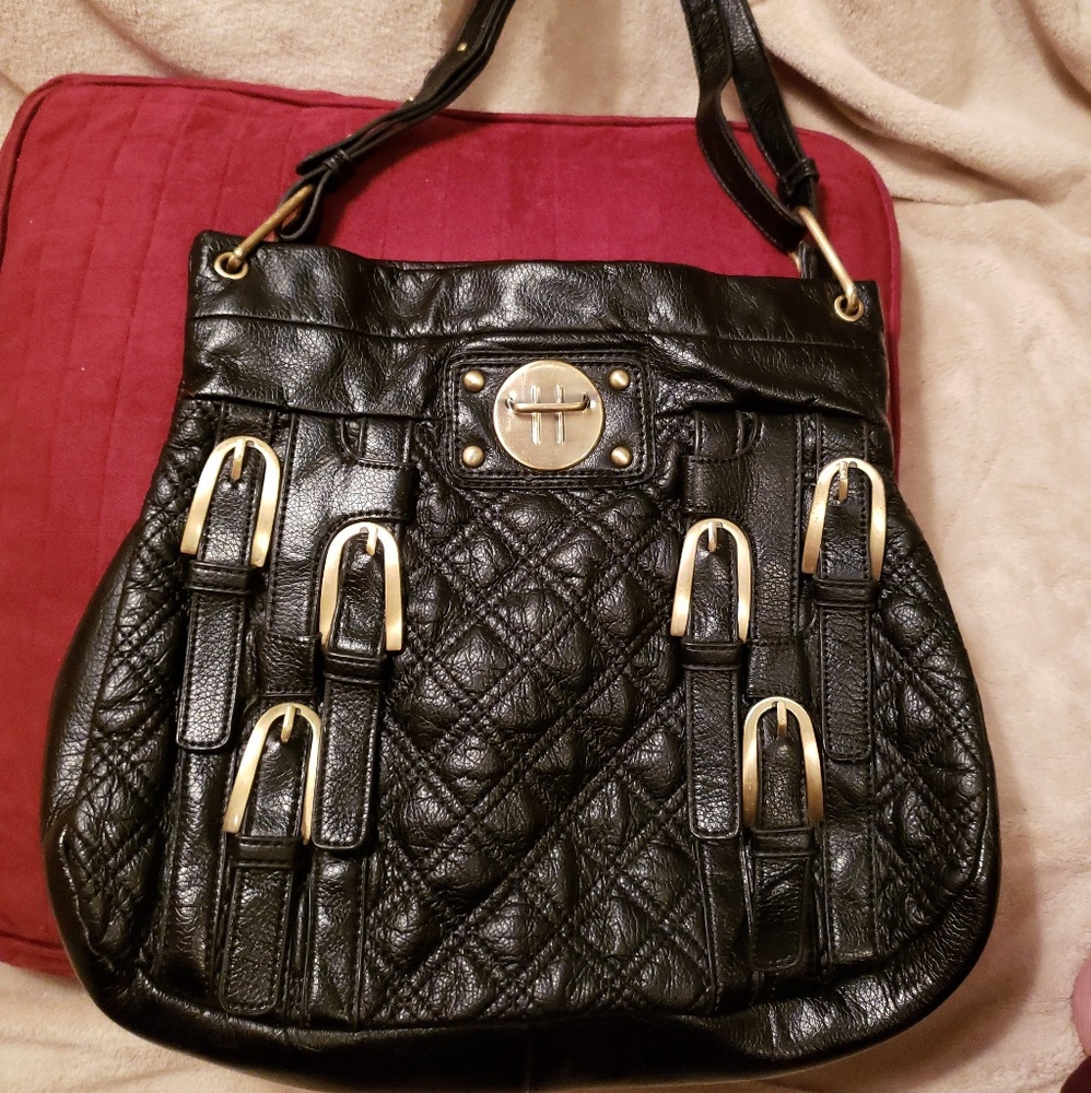 Black Faux Leather Purse with Gold Buckles